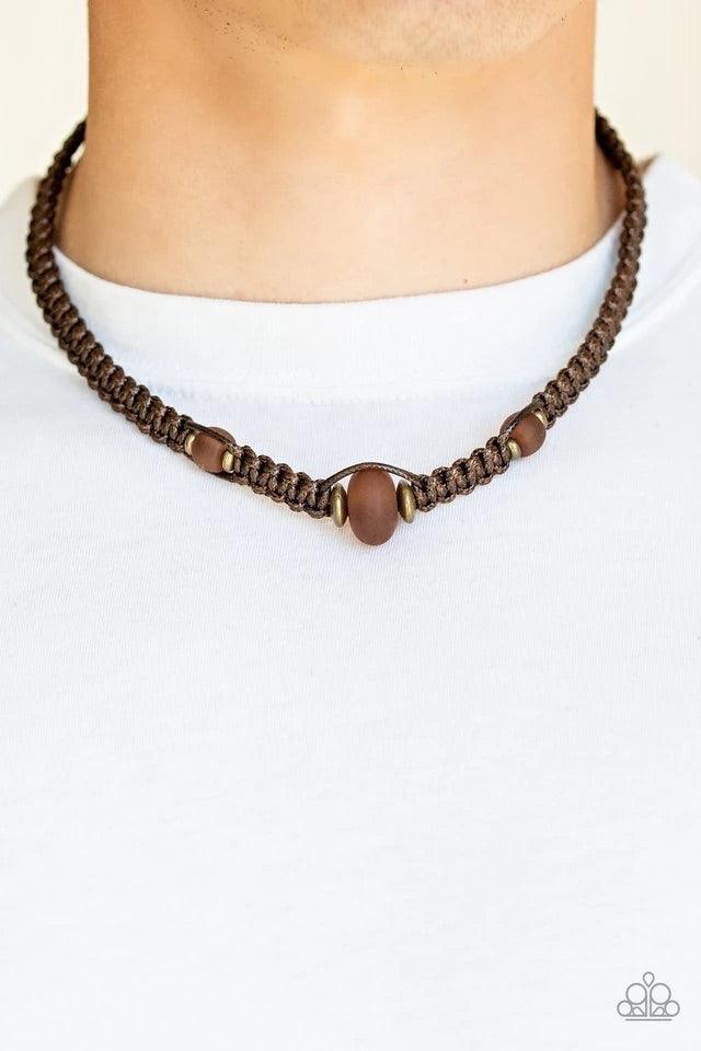Paparazzi Accessories Maui Beach - Brown Braided brown cording knots around a collection of brass accents and opaque brown beads, creating an urban look below the collar. Features a button-loop closure. Jewelry