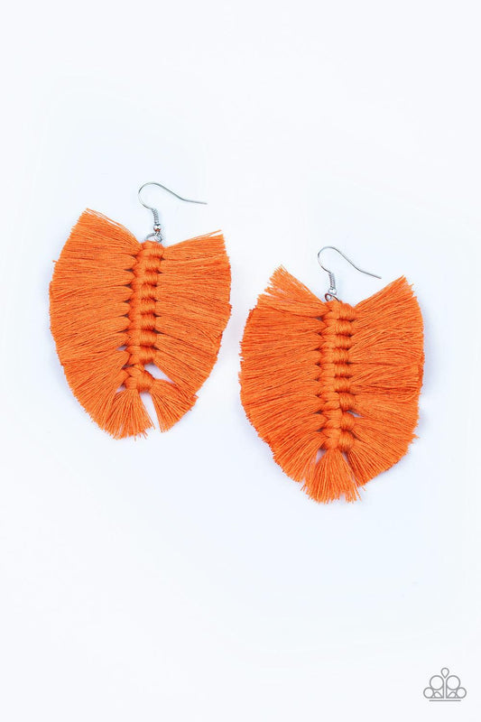 Paparazzi Accessories Knotted Native - Orange Orange Peel tassels knot together, coalescing into a bold fringe for a dramatic look. Earring attaches to a standard fishhook fitting. Jewelry