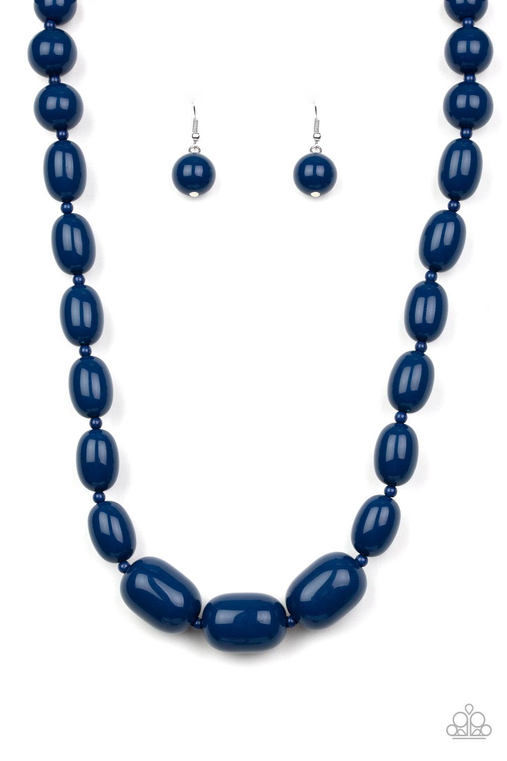 Paparazzi Accessories Poppin Popularity - Blue Infused with dainty Evening Blue beads, round Evening Blue beads trickle into bold oval beads, creating a bold pop of color below the collar. Features an adjustable clasp closure. Jewelry