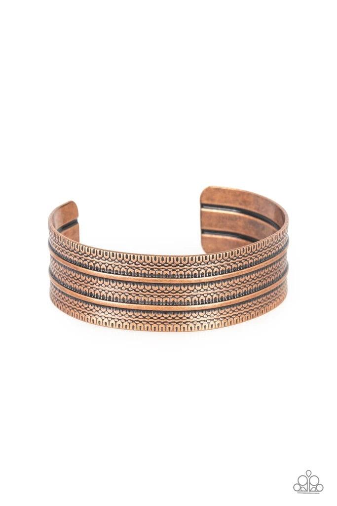 Paparazzi Accessories Absolute Amazon - Copper Stamped in tribal-inspired patterns, an antiqued copper cuff wraps around the wrist for an indigenous look. Sold as one individual bracelet. Jewelry
