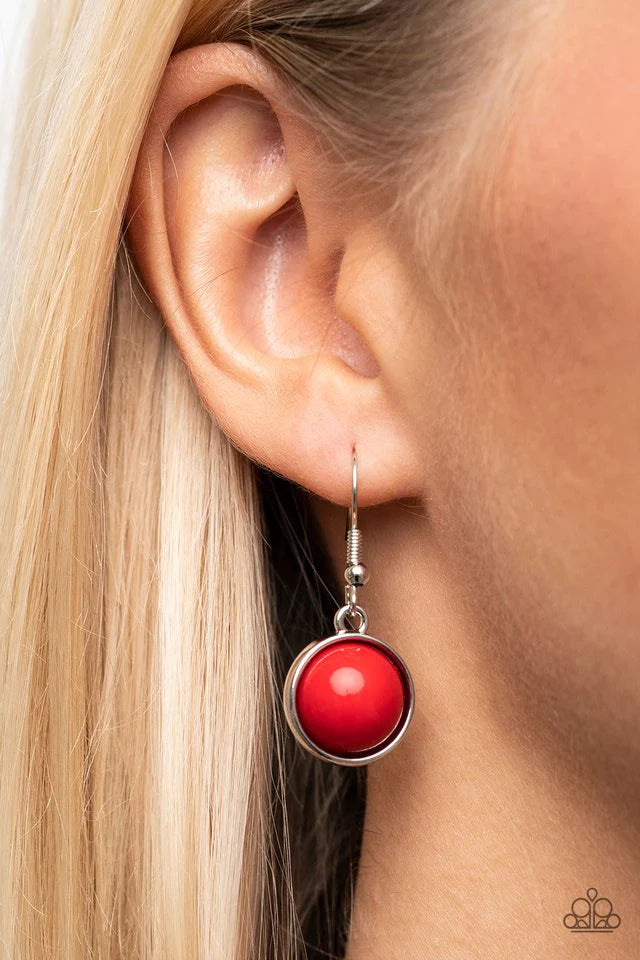 Paparazzi Accessories Eye of the BEAD-holder - Red Encased in sleek silver frames, a bubbly collection of oversized red beads alternate with oval red beaded hoops below the collar for a bodacious pop of color. Features an adjustable clasp closure. Necklac