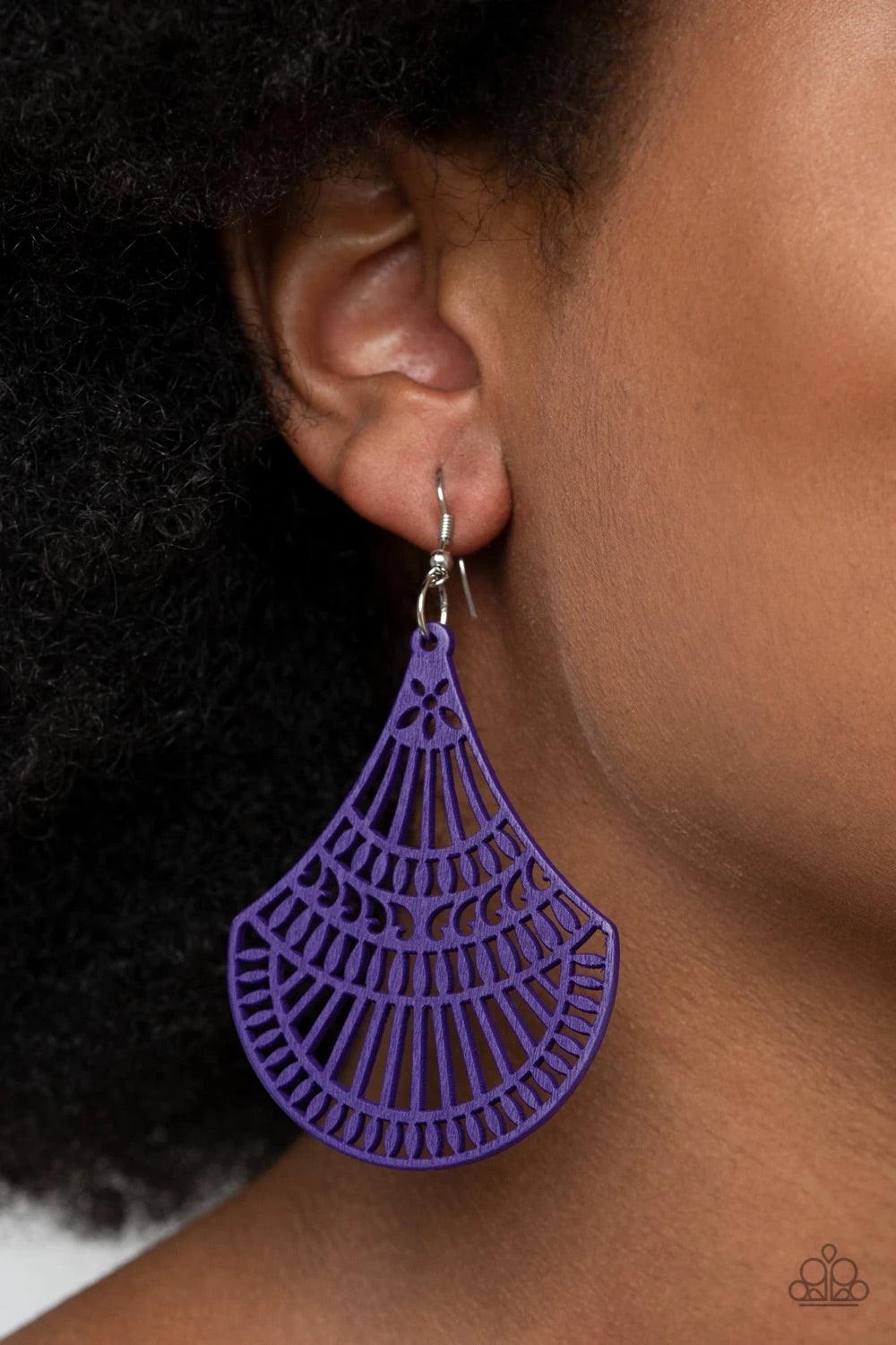 Paparazzi Accessories Tropical Tempest ~Purple Painted in a vivacious Magenta Purple finish, a wooden teardrop-like frame is cut into an airy stenciled pattern for a colorfully seasonal look. Earring attaches to a standard fishhook fitting. Sold as one pa