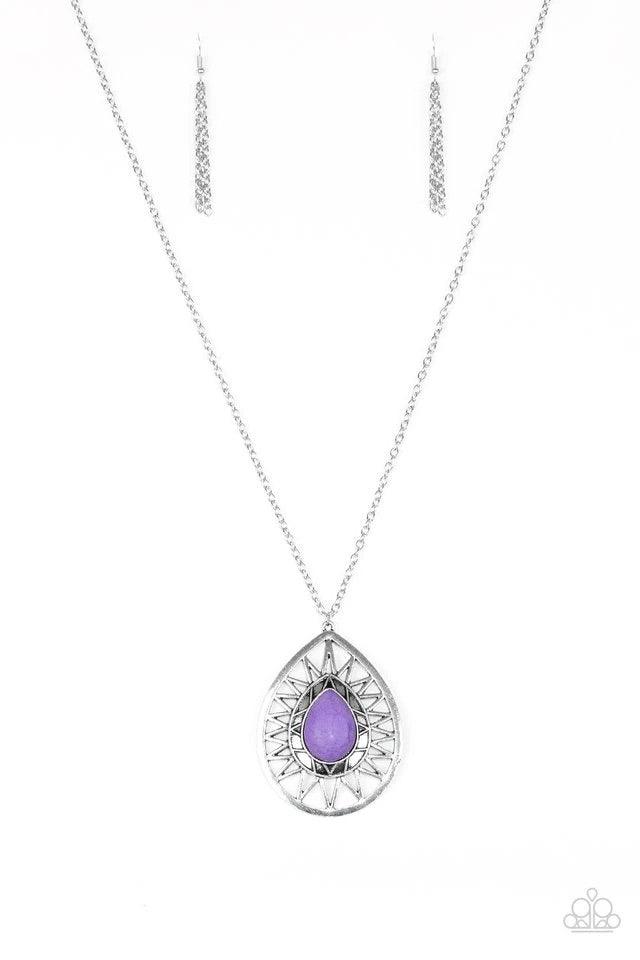 Paparazzi Accessories Summer Sunbeam - Purple large silver teardrop radiating with shimmery sunburst patterns. The tribal inspired pendant swings from the bottom of a lengthened silver chain for a dramatic look. Features an adjustable clasp closure. Sold