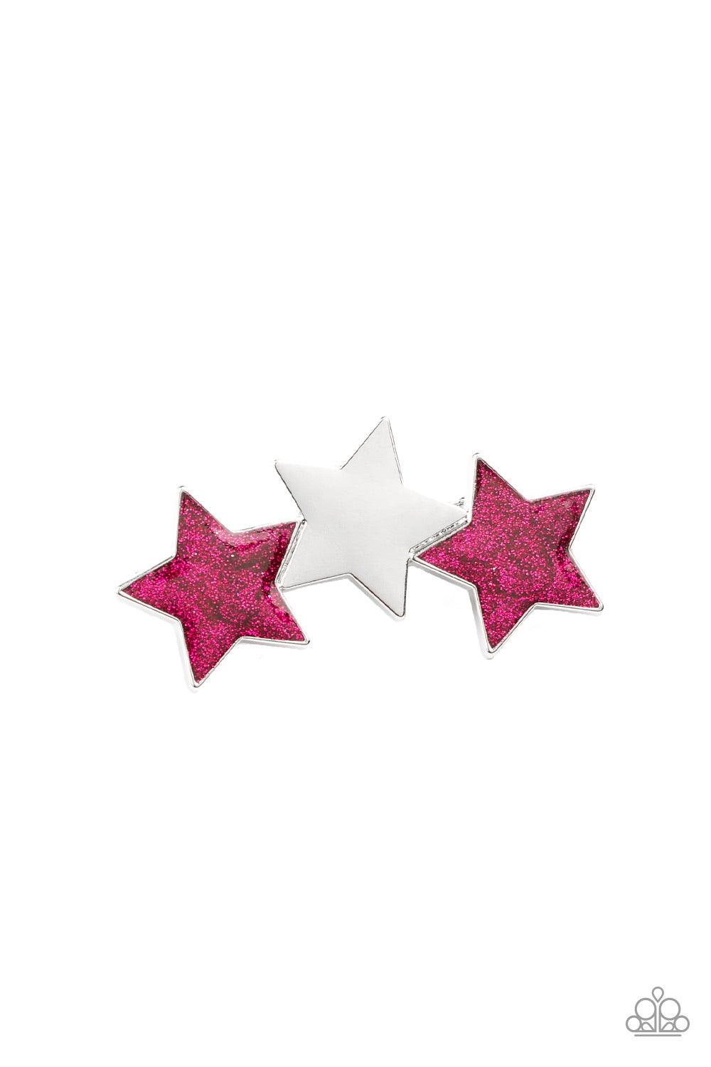 Paparazzi Accessories Don’t Get Me STAR-Ted! - Pink Painted in glittery pink sparkles, a sparkly pair of stars flanks a shiny silver star, coalescing into a stellar centerpiece. Features a standard hair clip. Sold as one individual hair clip. Hair Accesso