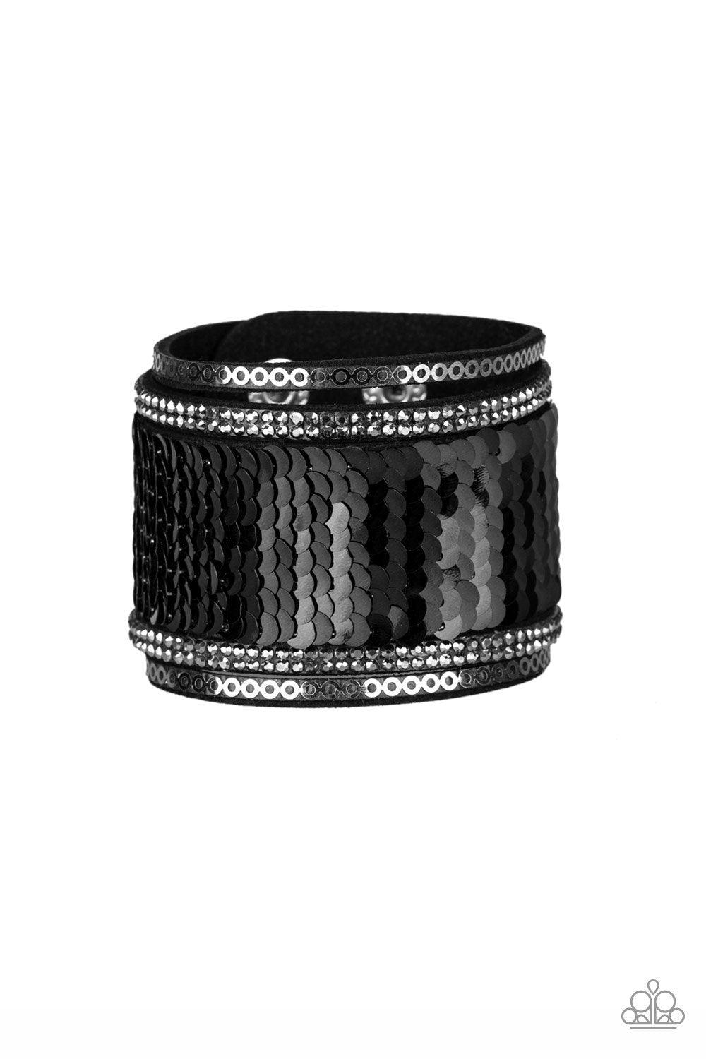 Paparazzi Accessories Heads or MERMAID Tails - Black Infused with strands of smoky hematite rhinestones and dainty metallic accents, row after row of shimmery sequins are stitched across the front of a spliced black suede band. Bracelet features reversibl