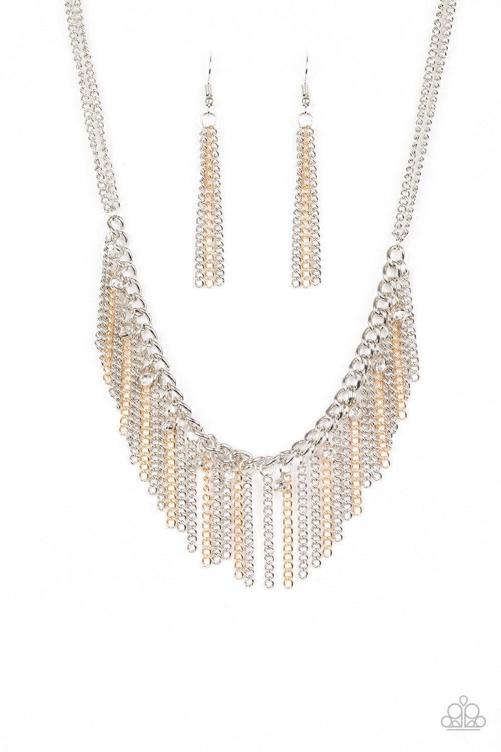 Paparazzi Accessories Retro Edge - Multi Shiny gold and glistening silver chains stream from the bottom of a bold silver chain, creating a colorful fringe below the collar. White rhinestones drip between the free-falling chains, adding an edgy shimmer to