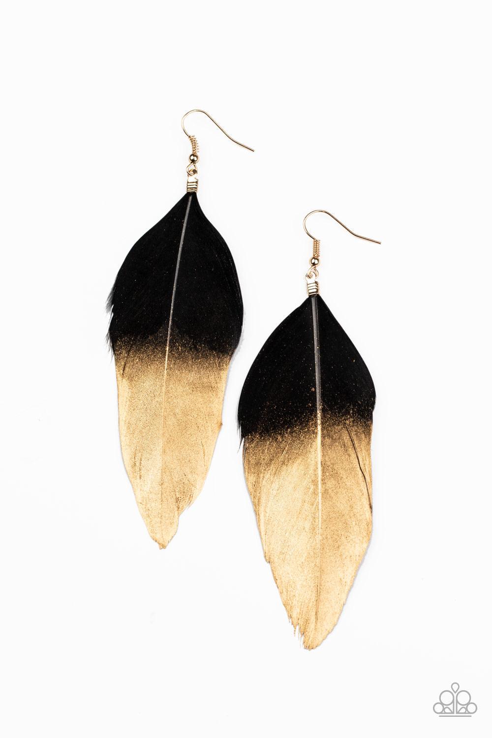 Paparazzi Accessories Fleek Feathers - Black Dipped in a golden shimmer, a soft black feather fans from the ear in a statement-making fashion. Earring attaches to a standard fishhook fitting. Sold as one pair of earrings. Jewelry