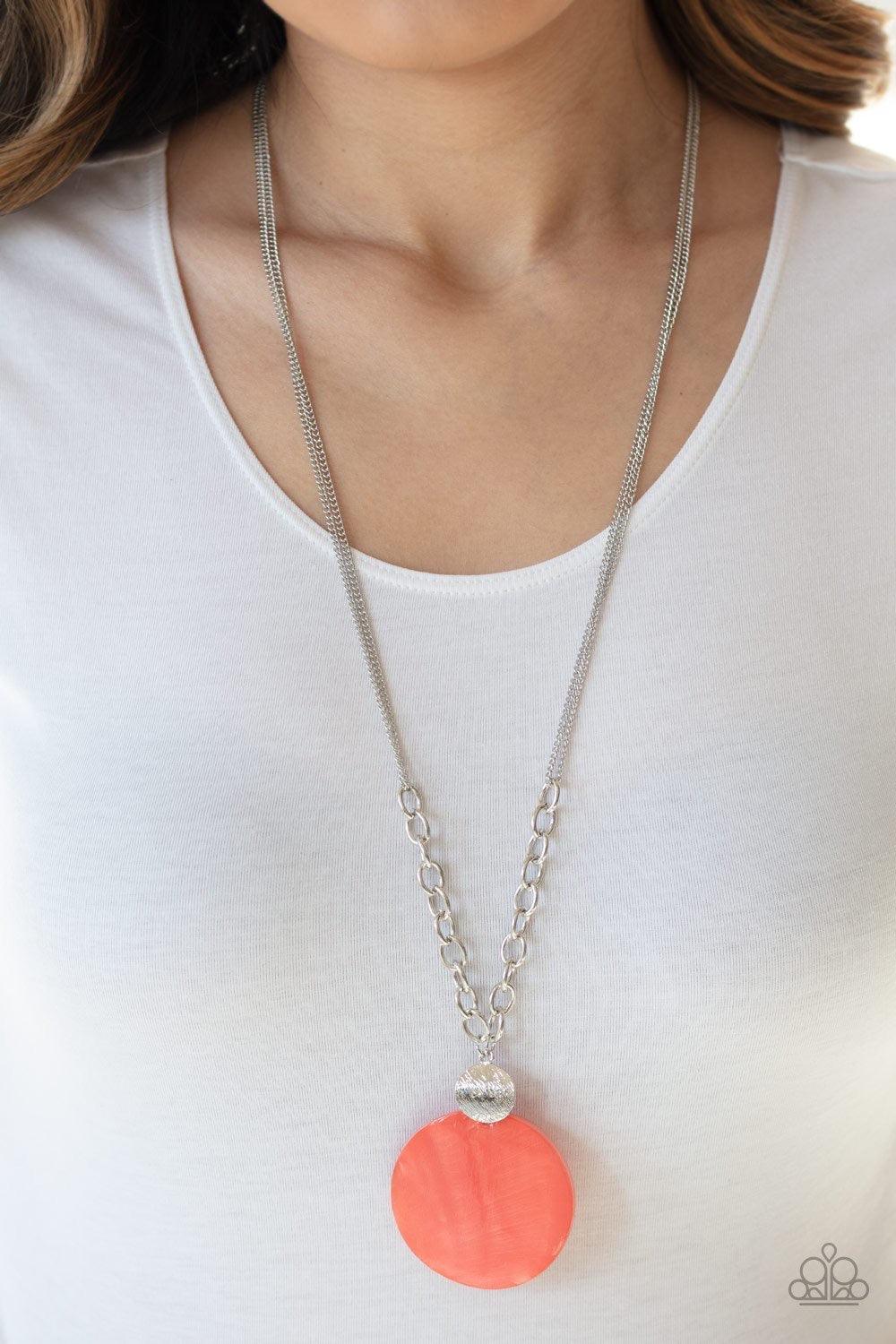 Paparazzi Accessories A Top-SHELLer - Orange A textured silver disc links with a coral shell-like frame at the bottom of a section of thick silver chain, creating a summery pendant. Features an adjustable clasp closure. Jewelry