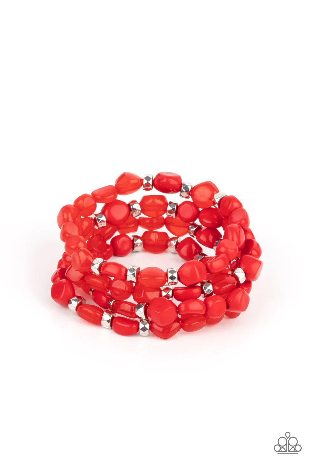 Paparazzi Accessories Nice GLOWING! - Red Bright red irregular shaped beads in varying opacities, accented with shining faceted silver beads are threaded along stretchy bands and stack up the wrist for a glowing display. Sold as one individual bracelet. J