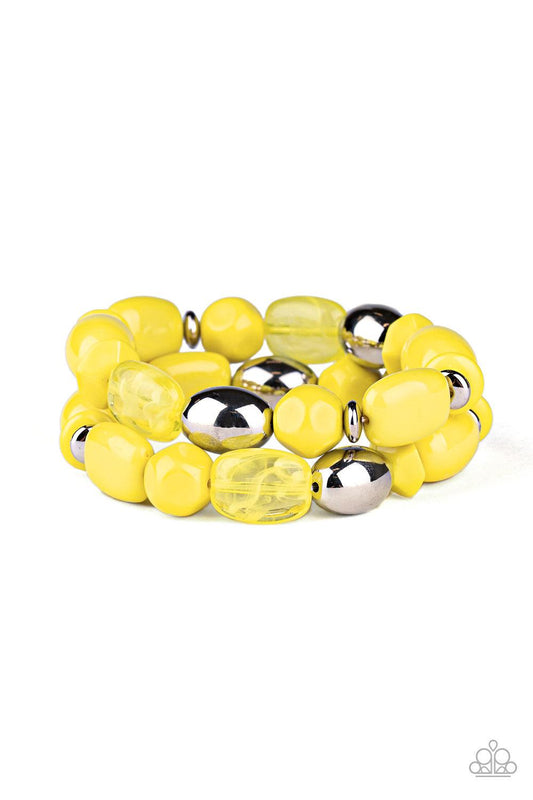 Paparazzi Accessories Fruity Flavor - Yellow Varying in size and color, fruity yellow and shiny silver beads are threaded along stretchy bands around the wrist, creating colorful layers. Jewelry