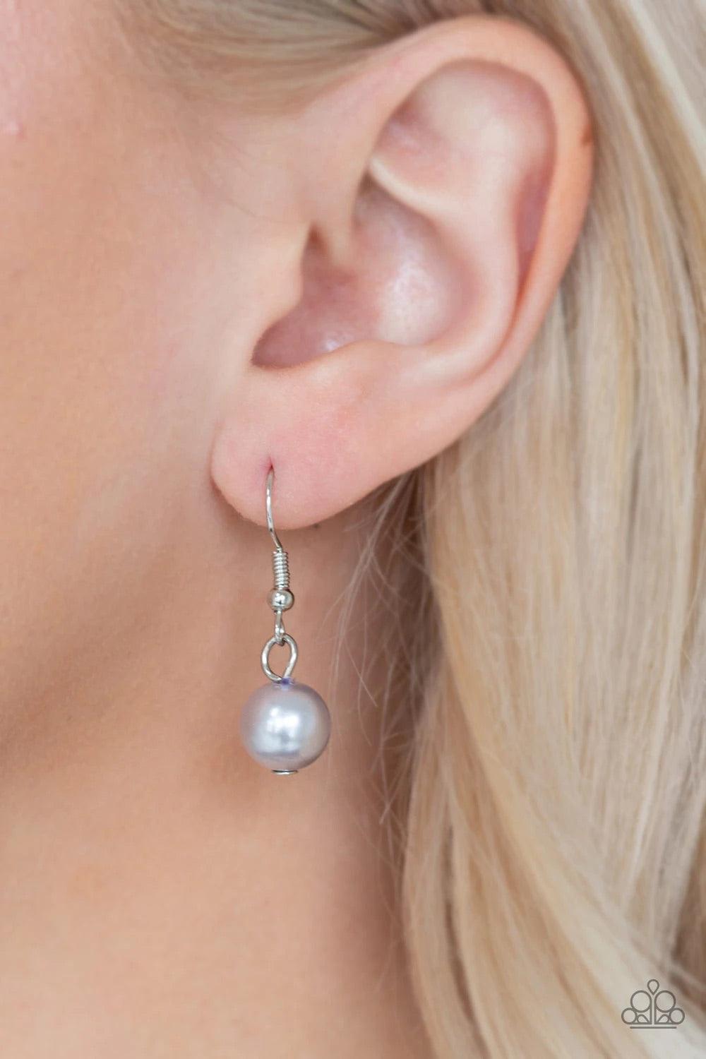 Paparazzi Accessories Broadway Belle - Silver Capped in shiny silver fittings, over-sized pearly gray beads and a collection of classic gray pearls swing from the bottom of a shimmery silver chain, creating a bubbly fringe below the collar. Features an ad