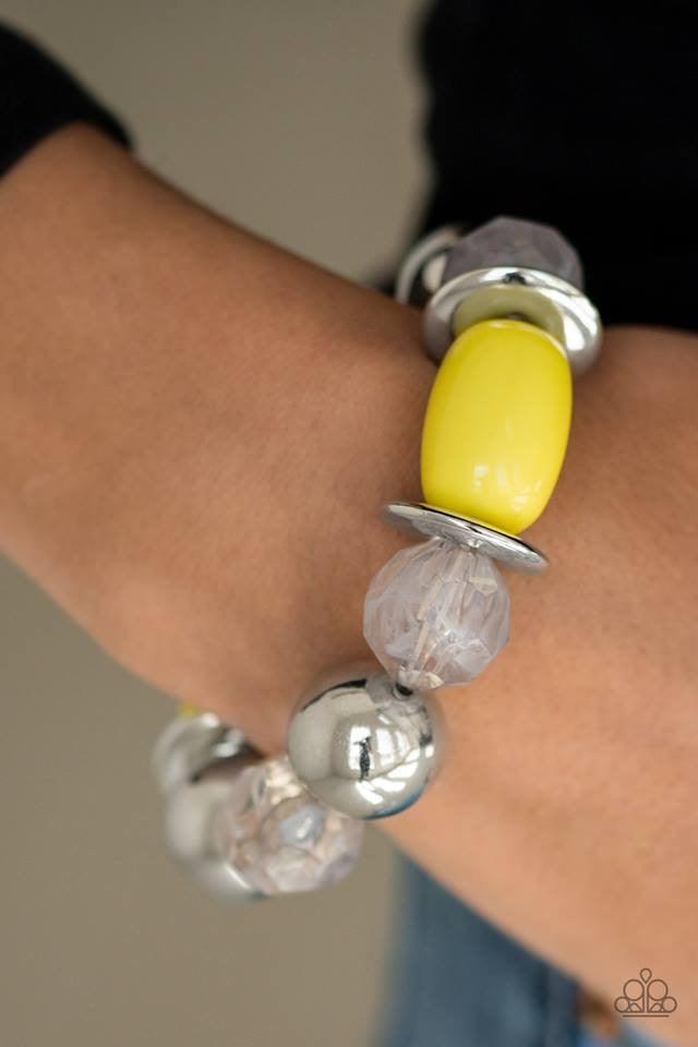 Paparazzi Accessories BAY After BAY - Yellow Dramatic silver, sunny yellow, and faceted cloudy beads are threaded along a stretchy elastic band, creating a seasonal look around the wrist. Jewelry
