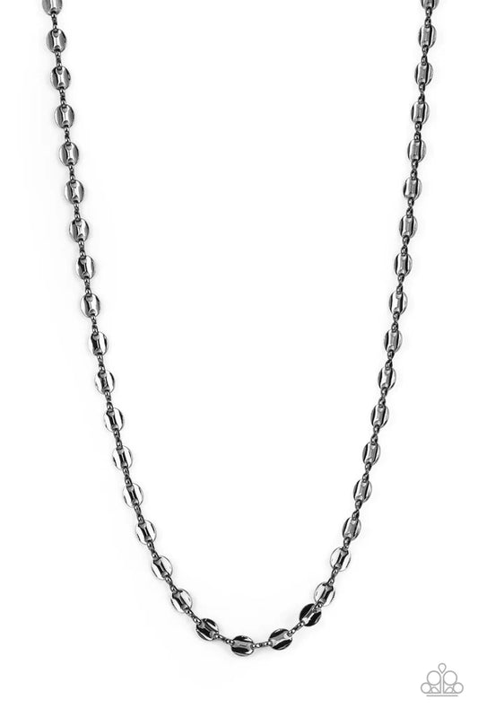 Paparazzi Accessories Come Out Swinging - Black Gunmetal infinity links boldly connect with beveled oval discs, creating an intense industrial chain across the chest. Features an adjustable clasp closure. Sold as one individual necklace. Jewelry