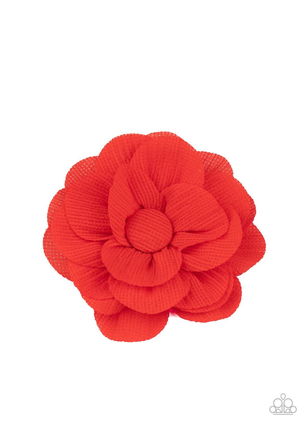 Paparazzi Accessories Summer Soirée - Red Red textured chiffon petals delicately gather around a matching button-top center, layering into a whimsical blossom. Features a standard hair clip on the back. Sold as one individual hair clip. Hair Accessories