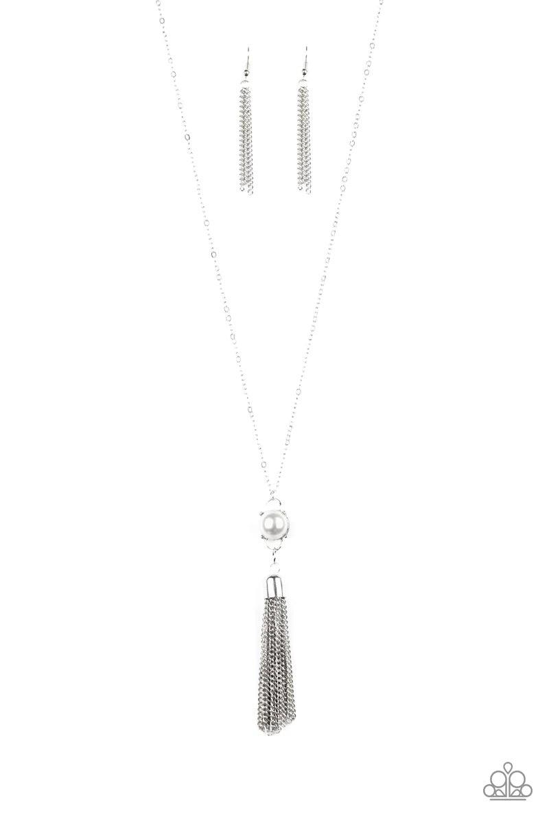 Paparazzi Accessories Diva Dance Party - White A pearl dotted frame gives way to a shimmery silver chain tassel, creating a timelessly stacked pendant at the bottom of a lengthened silver chain. Features an adjustable clasp closure. Sold as one individual