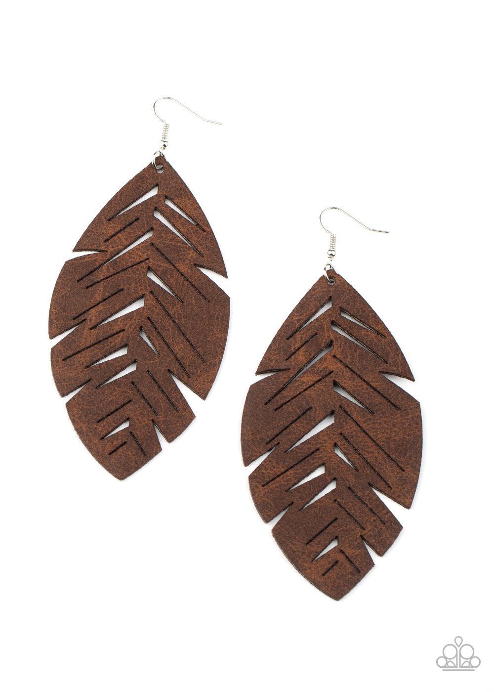 Paparazzi Accessories I Want To Fly - Brown Featuring a rustic finish, a soft piece of brown leather is cut and stenciled into an airy feather frame for a free-spirited look. Earring attaches to a standard fishhook fitting. Sold as one pair of earrings. T