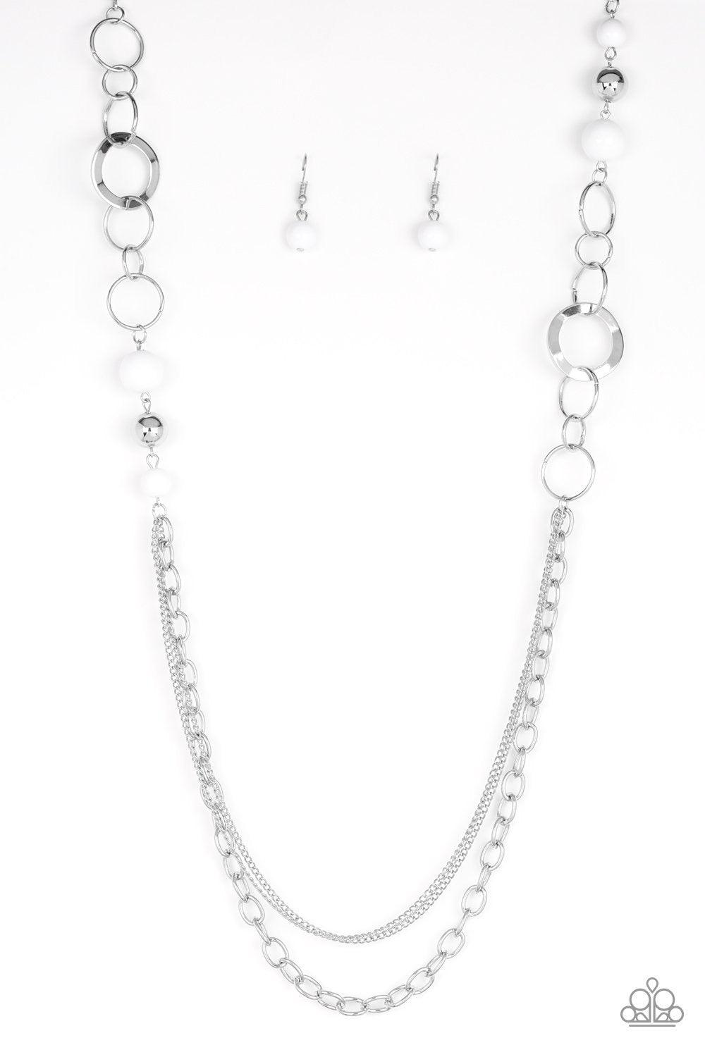 Paparazzi Accessories Modern Motley - White Refreshing white beads, shiny silver beads, and glistening silver hoops give way to mismatched silver chains for a whimsical look. Features an adjustable clasp closure. Sold as one individual necklace. Includes