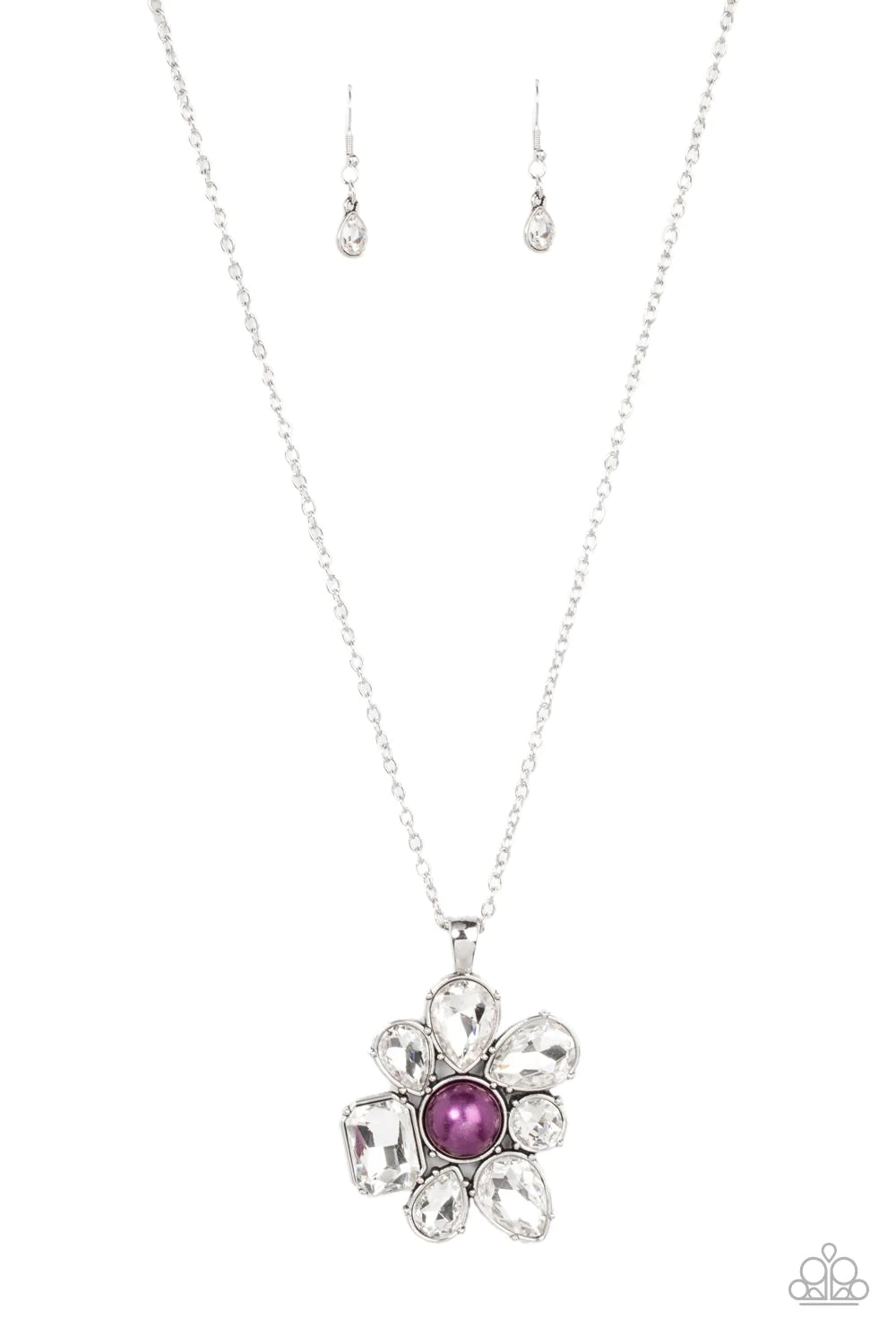 Paparazzi Accessories BLOOM Shaka-laka - Purple Encased in pronged silver fittings, a mismatched collection of oversized teardrop, round, and emerald cut rhinestones asymmetrically blooms from a bubbly purple pearl drop center for a surprisingly sparkly f