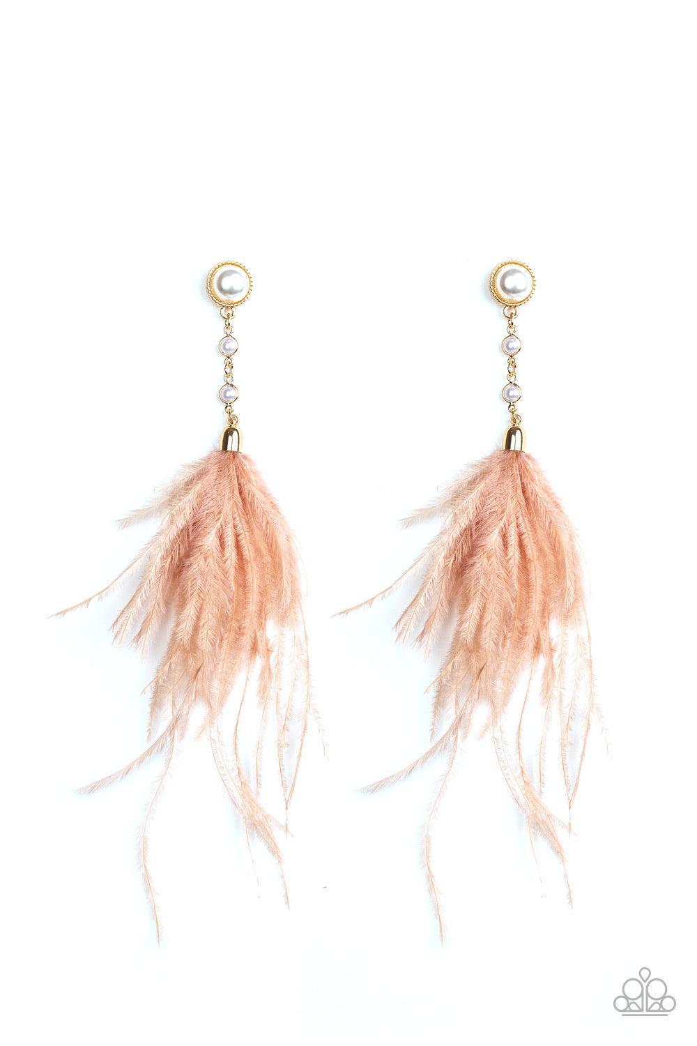 Paparazzi Accessories Vegas Vixen - Gold A plume of soft feathers flares out from the bottom of linked pearl-dotted gold frames for a refined flair. Earring attaches to a standard post fitting. Jewelry