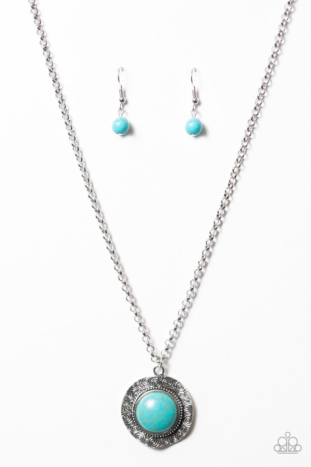 Paparazzi Accessories Course of Nature - Blue Stamped in dizzying swirls, a delicately hammered silver frame spins around a turquoise stone center for a handcrafted, artisanal look. Features an adjustable clasp closure. Jewelry