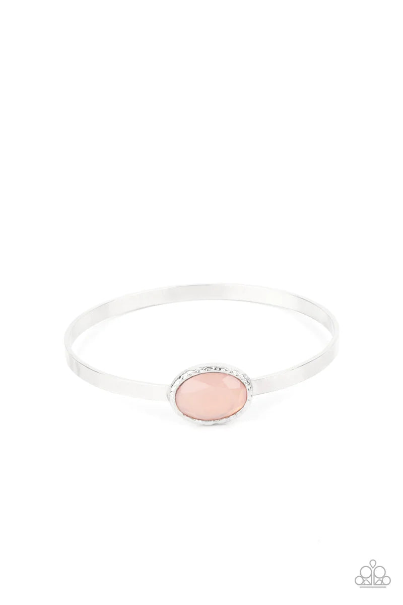 Paparazzi Accessories Misty Meadow - Pink A misty Pale Rosette gem is pressed into the center of a hammered silver fitting atop a thick silver bangle, creating an ethereal centerpiece. Sold as one individual bracelet. Bracelets