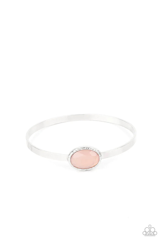 Paparazzi Accessories Misty Meadow - Pink A misty Pale Rosette gem is pressed into the center of a hammered silver fitting atop a thick silver bangle, creating an ethereal centerpiece. Sold as one individual bracelet. Bracelets