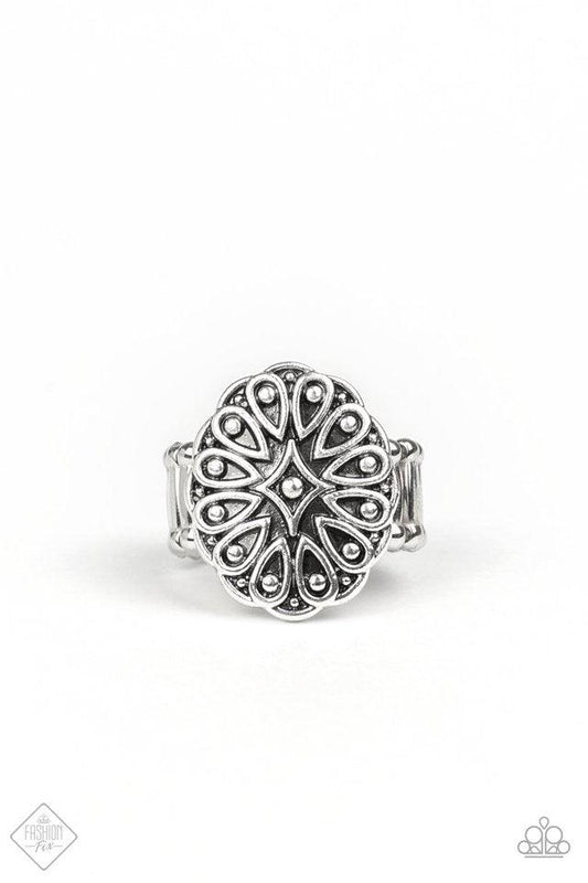 Paparazzi Accessories Modern Mandala - Silver Embossed in ornate teardrop patterns, a scalloped silver frame swirls atop the finger for a whimsical look. Features a stretchy band for a flexible fit. Jewelry