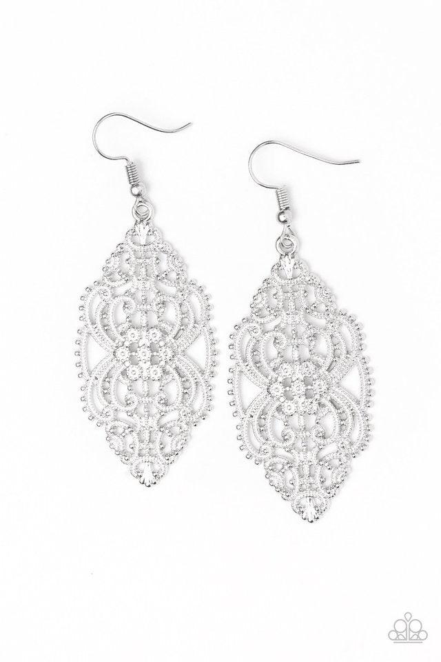 Paparazzi Accessories Ornately Ornate - Silver Brushed in a high-sheen shimmer, dotted silver filigree swoops and swirls into a regal frame. Earring attaches to a standard fishhook fitting. Sold as one pair of earrings. Jewelry