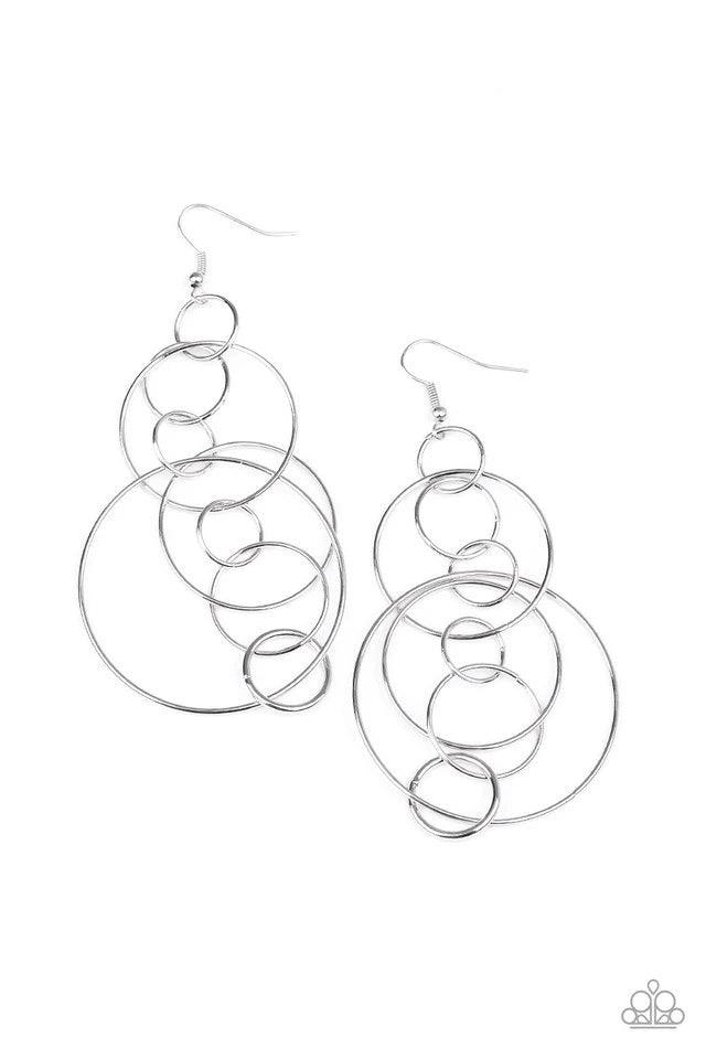 Paparazzi Accessories Running Circles Around You - Silver Small and medium sized silver links delicately alternate into an airy chain, while larger silver hoops haphazardly connect the chain into a dizzying lure. Earring attaches to a standard fishhook fi