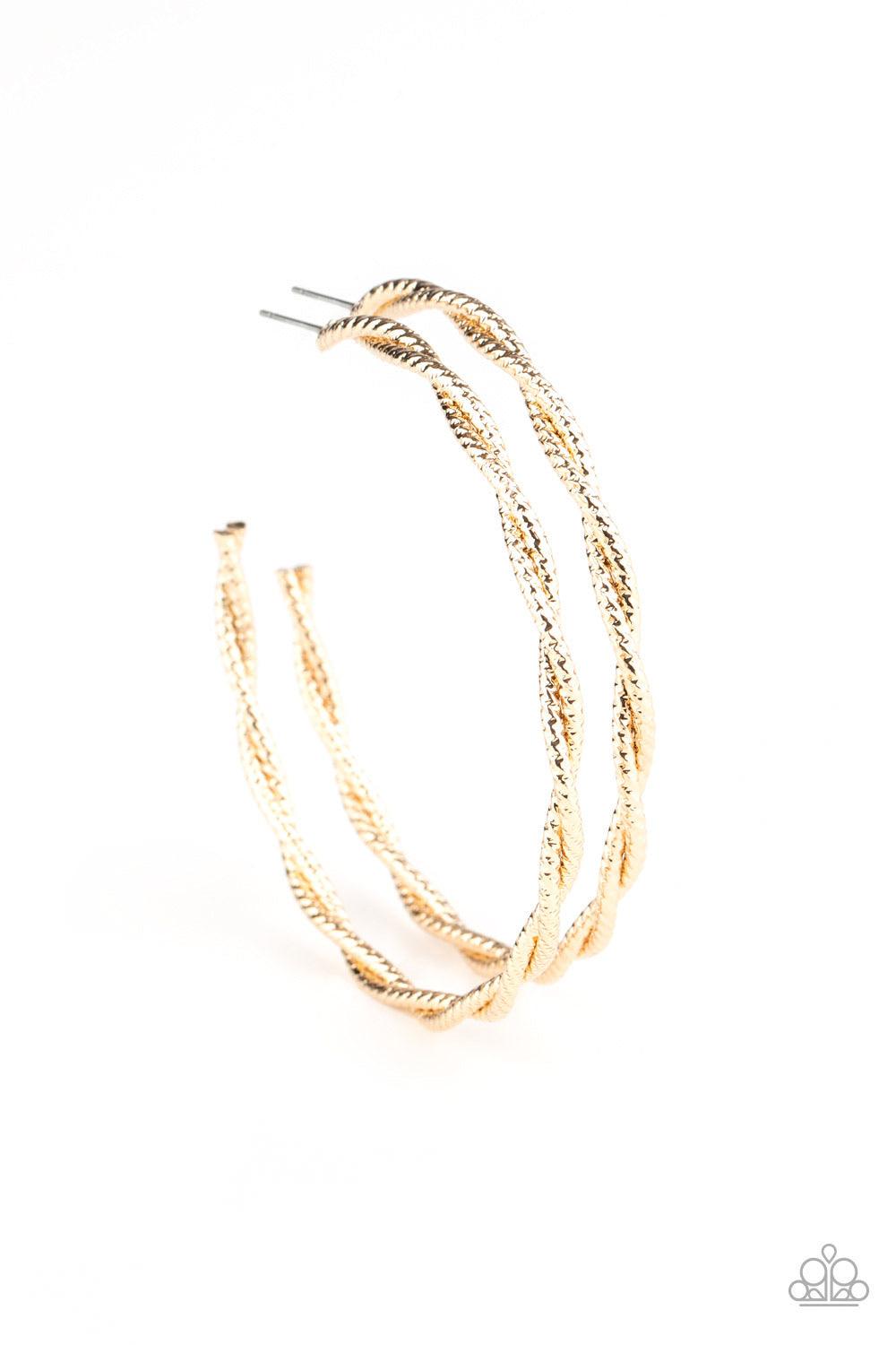 Paparazzi Accessories Totally Throttled - Gold Featuring diamond-cut shimmer, two glistening gold wires delicately twist into an oversized hoop for an edgy look. Earring attaches to a standard post fitting. Hoop measures approximately 2 3/4" in diameter.