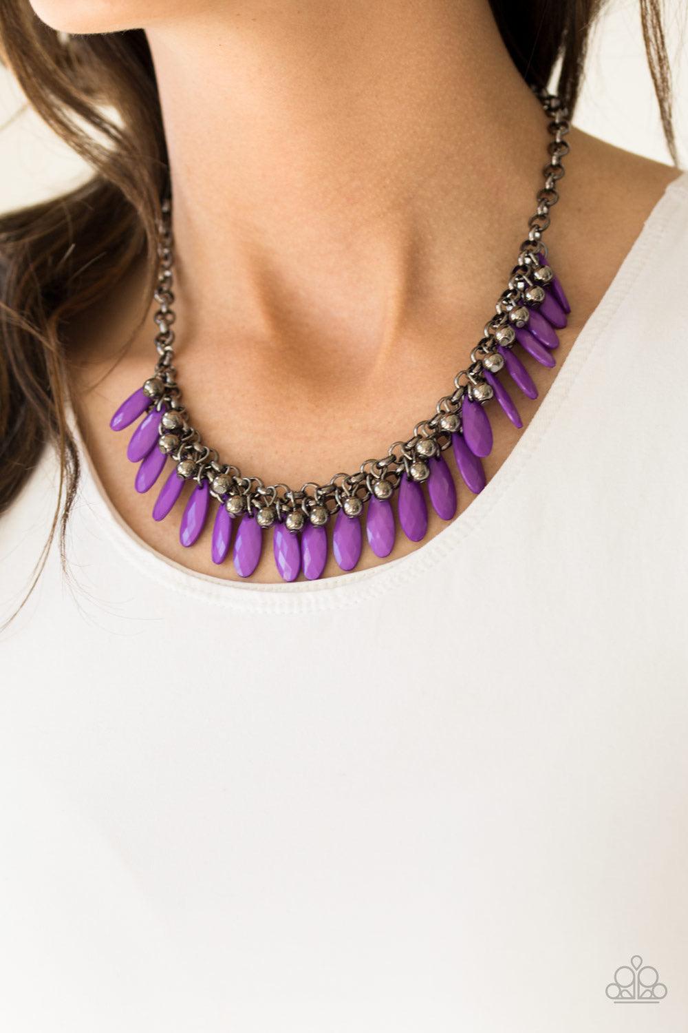Paparazzi Accessories Jersey Shore - Purple Faceted purple teardrops and glistening gunmetal beads swing from the bottom of interlocking gunmetal chains, creating a spunky fringe below the collar. Features an adjustable clasp closure. Jewelry