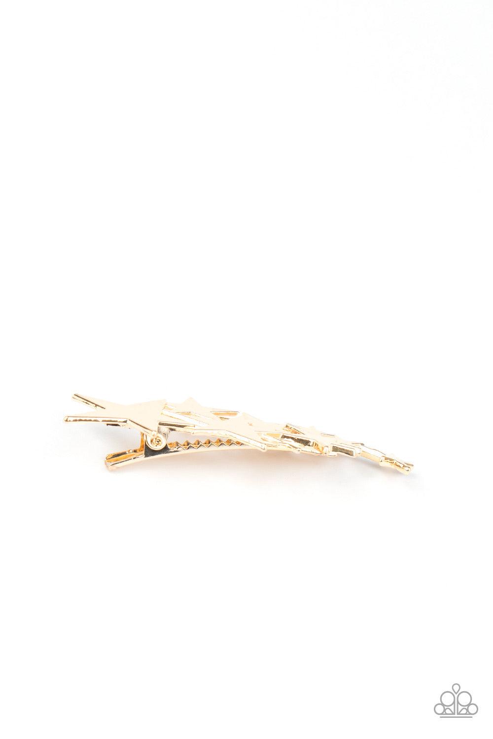 Paparazzi Accessories She STAR-Ted It! - Gold A scattering of gold stars delicately coalesces into a stellar frame. Features a standard hair clip on the back. Sold as one individual hair clip. Hair Accessories