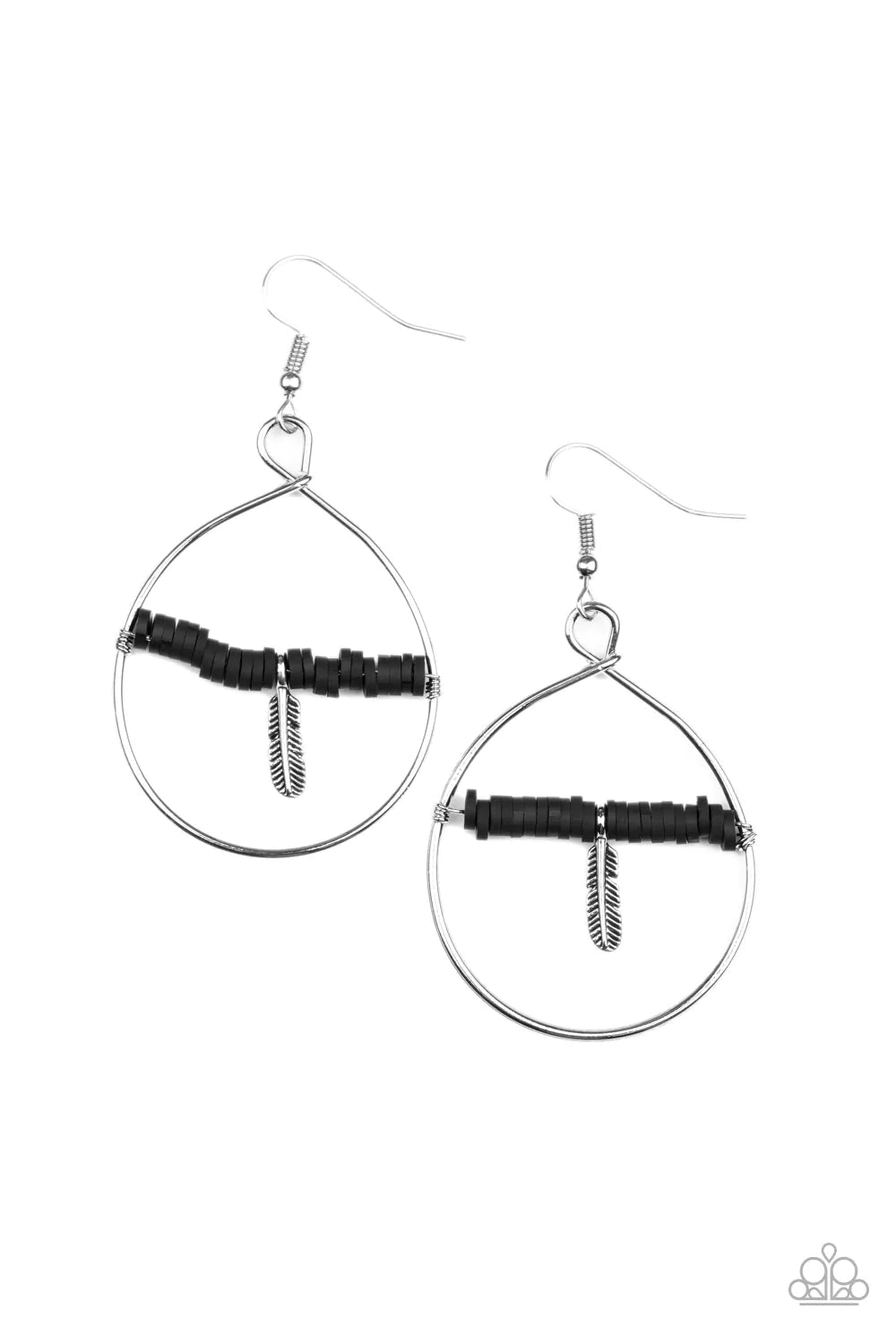 Paparazzi Accessories Free Bird Freedom White: Infused with a dainty silver feather charm, a dainty row of rubbery white discs are threaded along a metallic rod inside an airy silver hoop for a free-spirited fashion. Earring attaches to a standard fishhoo