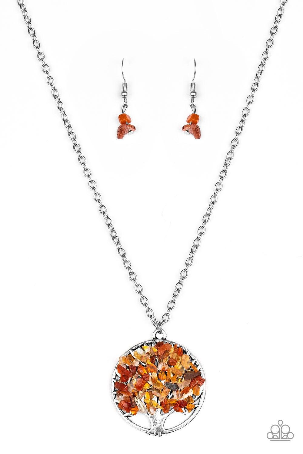 Paparazzi Accessories Naturally Nirvana - Orange Bits of orange rock are sprinkled along a shimmery silver tree pendant, creating colorful leaves. Features an adjustable clasp closure. Jewelry