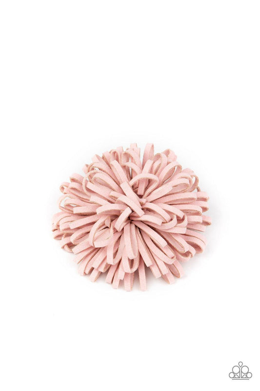 Paparazzi Accessories Give Me SPRING - Pink Rose Tan leather laces delicately curl into a springy blossom for a whimsical look. Features a standard hair clip on the back. Sold as one individual hair clip. Hair Accessories