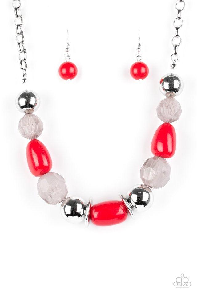 Paparazzi Accessories South Shore Sensation - Red Dramatic silver, fiery red, and faceted cloudy beads are threaded along an invisible wire below the collar for a seasonal look. Features an adjustable clasp closure. Jewelry