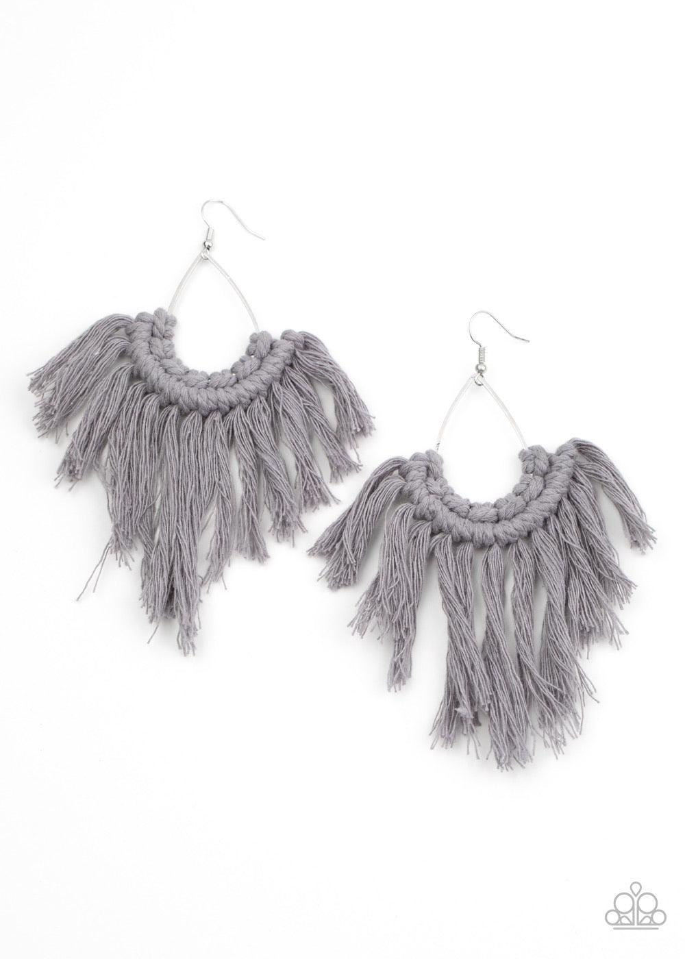 Paparazzi Accessories Wanna Piece of Macrame - Silver Tassels of Sleet thread decoratively knot at the bottom of a shiny silver teardrop, creating an earthy fringe. Earring attaches to a standard fishhook fitting. Sold as one pair of earrings. Jewelry