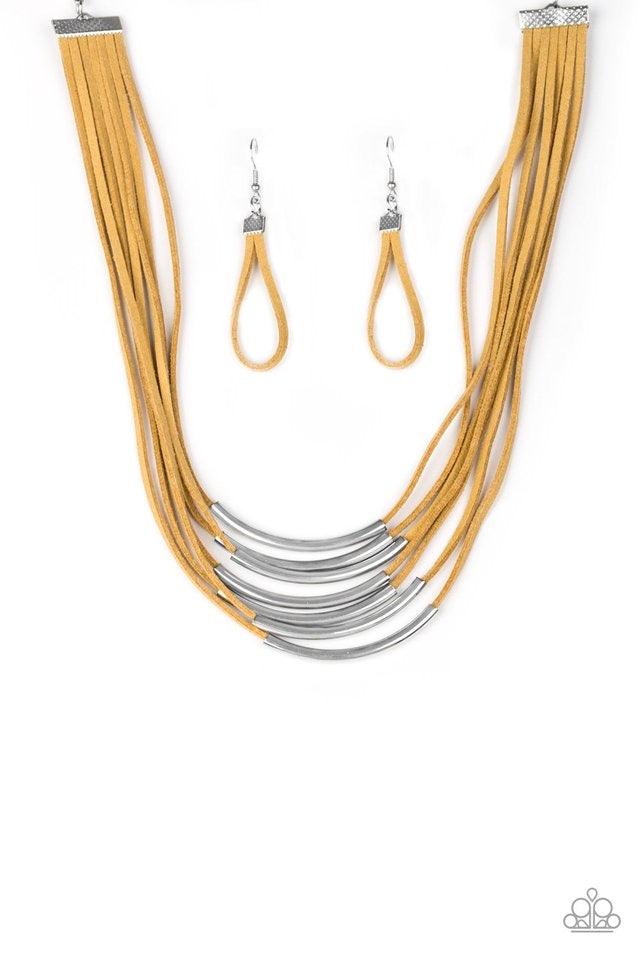 Paparazzi Accessories Walk The WALKABOUT ~Yellow Glistening silver rods slide along strips of rustic yellow suede, creating earthy layers below the collar. Features an adjustable clasp closure.