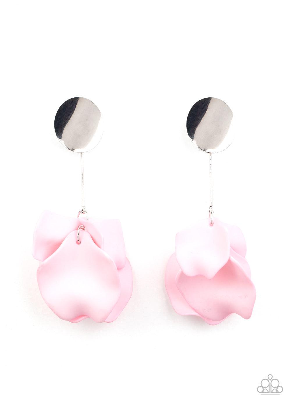 Paparazzi Accessories Petal Pathways - Pink Curving pink acrylic petals dangle from the end of a bar attached to the bottom of a delicately bent silver disc, creating a colorfully clustered lure. Earring attaches to a standard post fitting. Sold as one pa