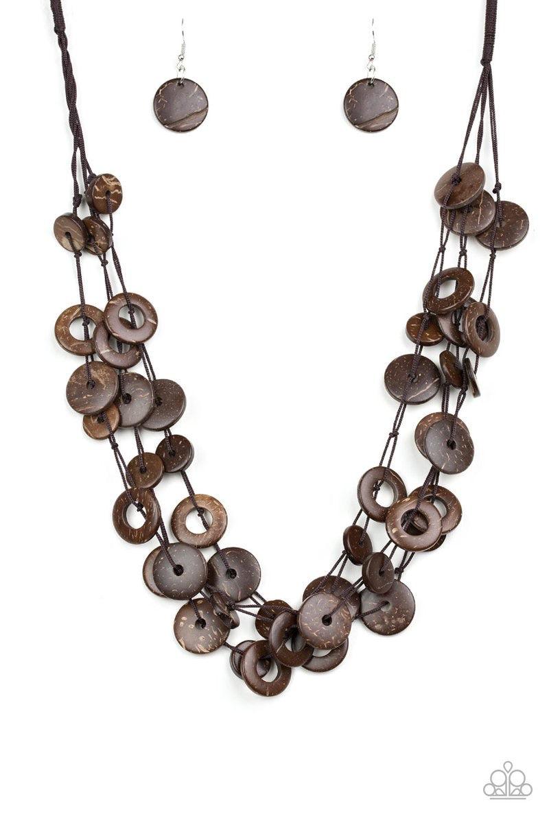 Paparazzi Accessories Wonderfully Walla Walla - Brown Shiny brown cording knots around mismatched brown wooden beads, creating vivacious layers. Features a button loop closure. Sold as one individual necklace. Includes one pair of matching earrings. Jewel