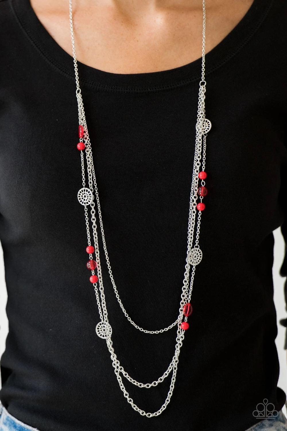 Paparazzi Accessories Pretty Pop-tastic! - Red Ornate silver accents, glassy beads, and polished red beads trickle along strands of shimmery silver chains for a whimsical look. Features an adjustable clasp closure. Sold as one individual necklace. Include