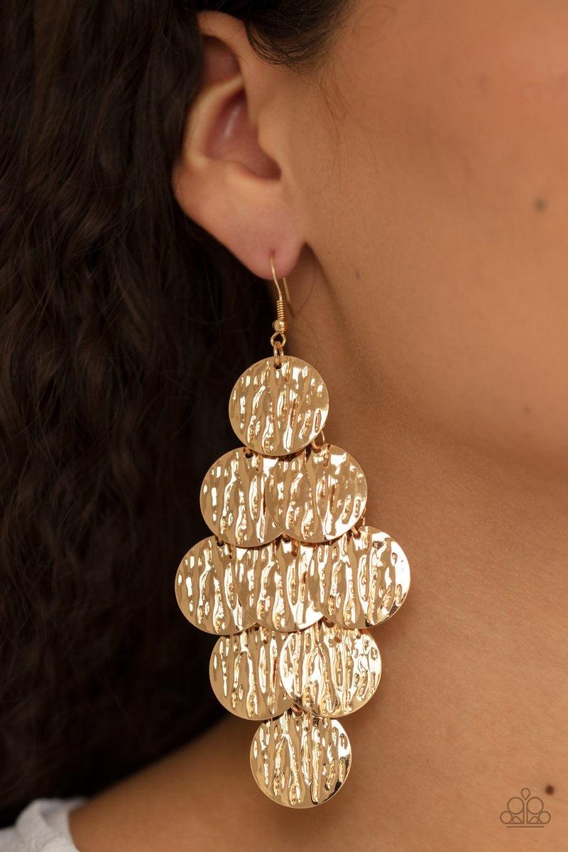 Paparazzi Accessories Uptown Edge - Gold Embossed in rippling texture, a glistening collection of gold discs cascade from the ear for an edgy look. Earring attaches to a standard fishhook fitting. Jewelry