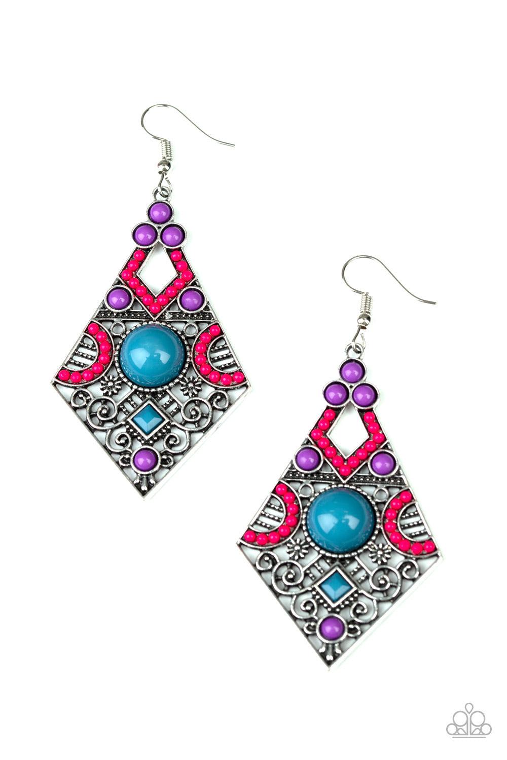 Paparazzi Accessories Malibu Meadows - Multi Featuring refreshing blue, pink, and purple beading, an ornate silver frame radiating with floral and studded filigree swings from the ear for a colorful look. Earring attaches to a standard fishhook fitting. S