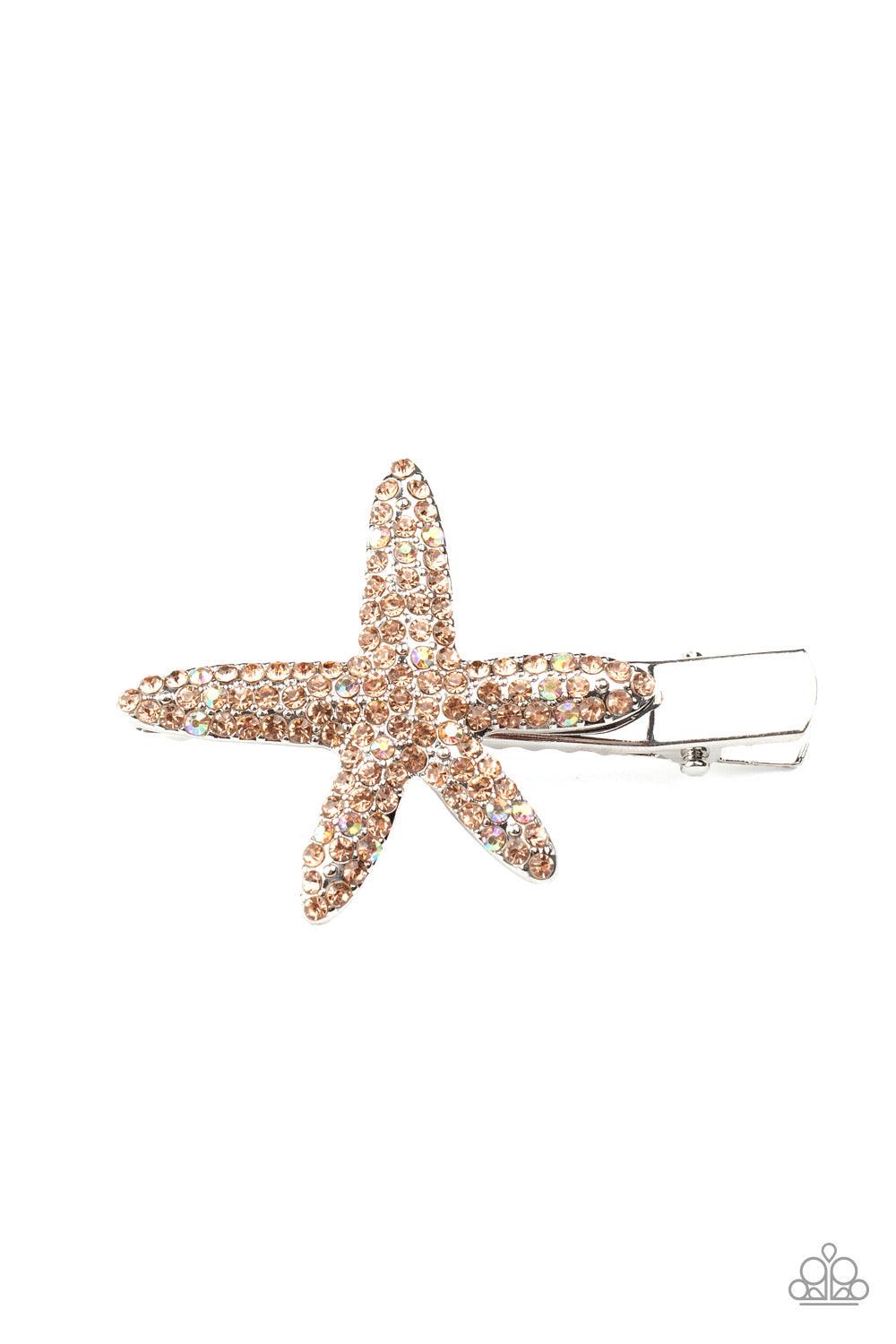 Paparazzi Accessories Wish on a STARFISH ~Orange Encrusted in glittery rhinestones, a silver starfish delicately pulls back the hair for a beach inspired fashion. Features a standard hair clip. Sold as one individual hair clip.