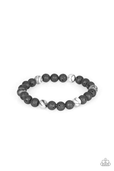Paparazzi Accessories All Zen - White A collection of black lava rock and refreshing white stone beads are threaded along a stretchy band around the wrist for a seasonal look. Sold as one individual bracelet. Jewelry