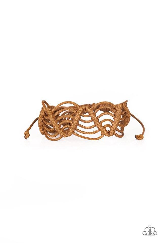 Paparazzi Accessories Rise to the Bait - Brown Brown twine knots around shiny brown cording, creating a netted pattern around the wrist. Features an adjustable sliding knot closure. Jewelry