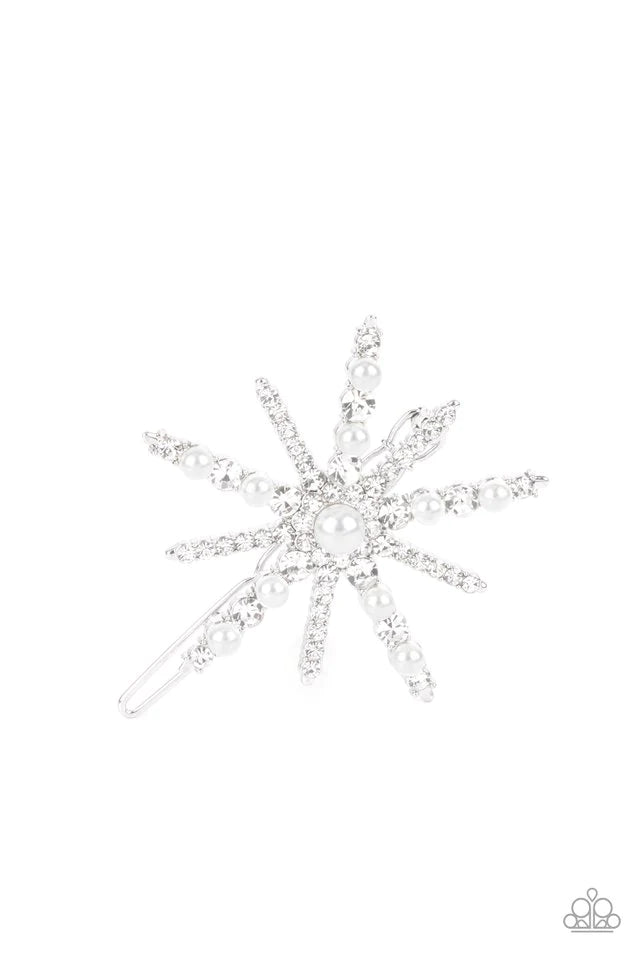 Paparazzi Accessories Leading Luminary - White Featuring a dainty pearl drop center, a bubbly collection of dainty pearls and glassy white rhinestones encrust the front of a silver star shaped frame for a stellar finish. Features a clamp barrette closure.
