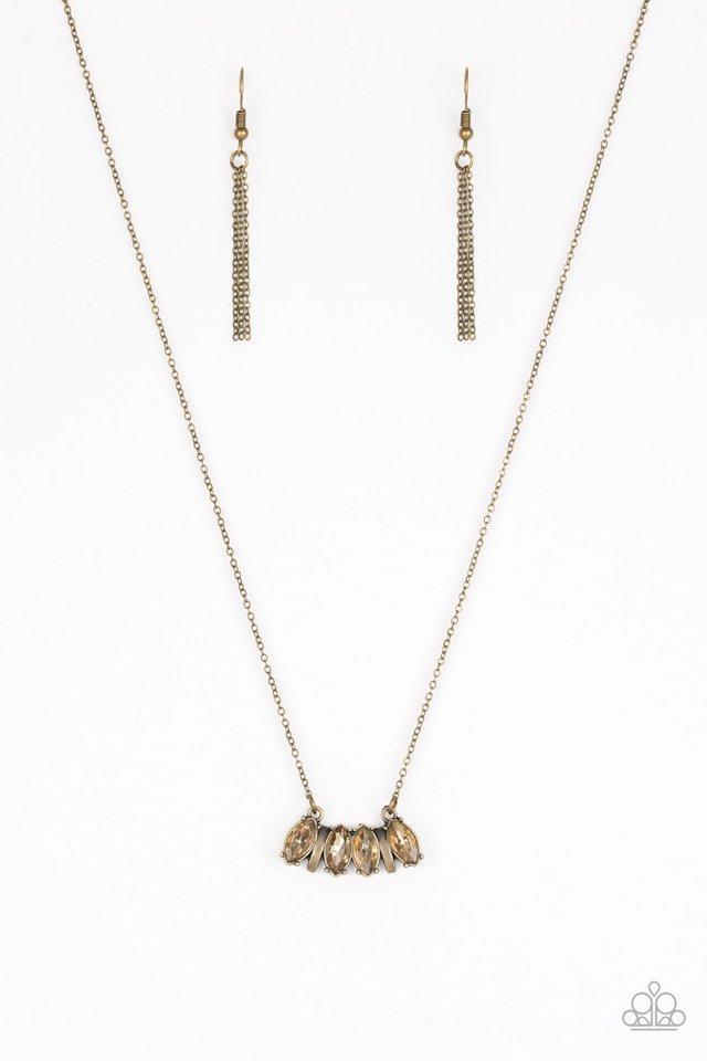 Paparazzi Accessories Deco Decadence - Brass Featuring elegant marquise style cuts, golden topaz rhinestones join with brass accents below the collar, creating a dainty pendant. Features an adjustable clasp closure. Jewelry