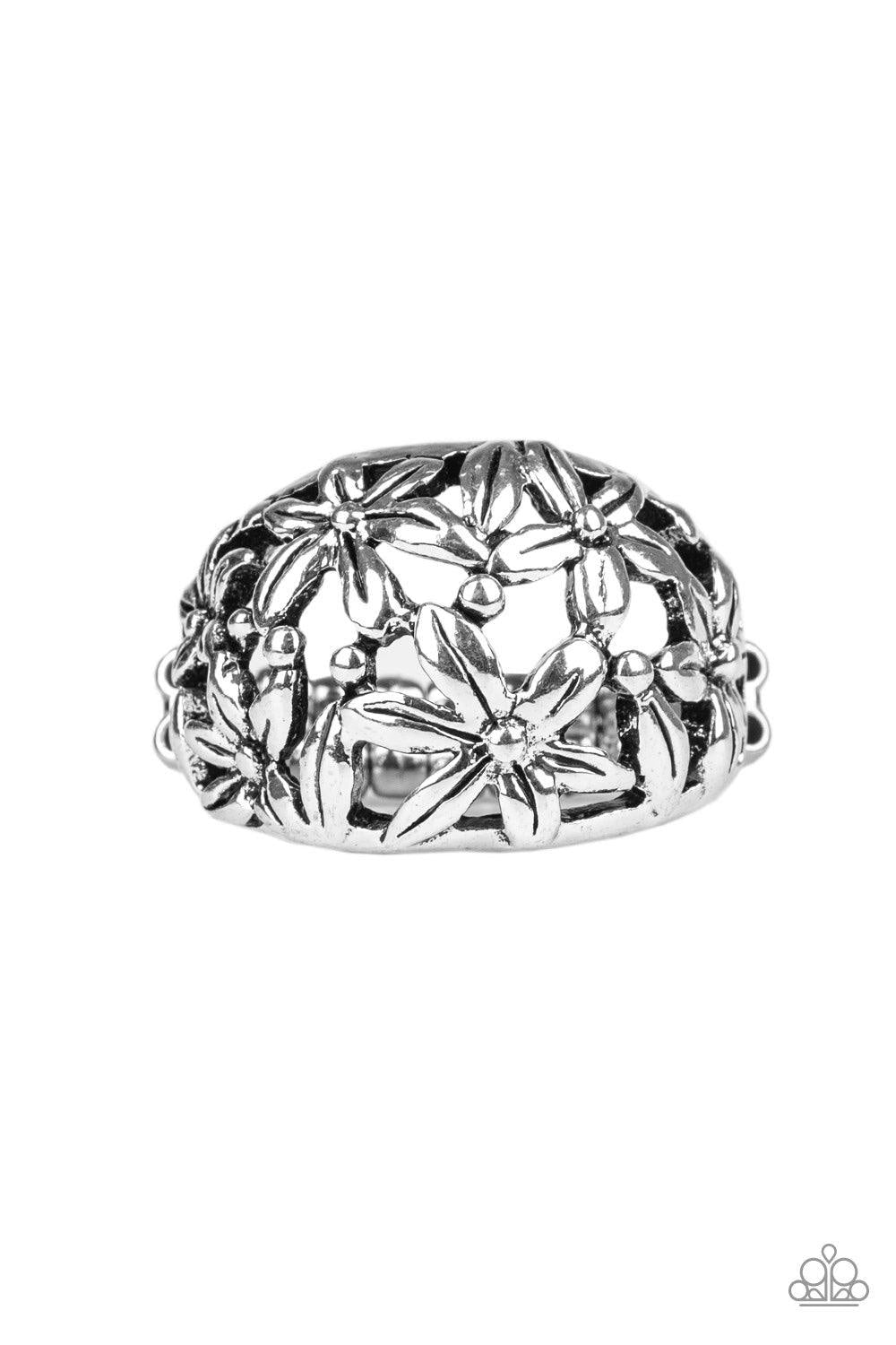 Paparazzi Accessories Haute Havana - Silver Brushed in antiqued details, glistening silver flowers bloom across the finger, coalescing into a whimsical band. Features a stretchy band for a flexible fit. Jewelry