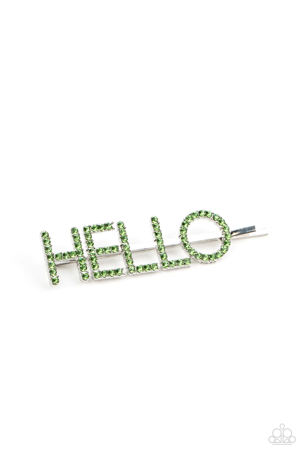 Paparazzi Accessories Hello There - Green Encrusted in glittery green rhinestones, the word, "Hello," is spelled out across the front of a classic silver bobby pin for a charming look. Sold as one individual decorative bobby pin. Hair Claws & Clips